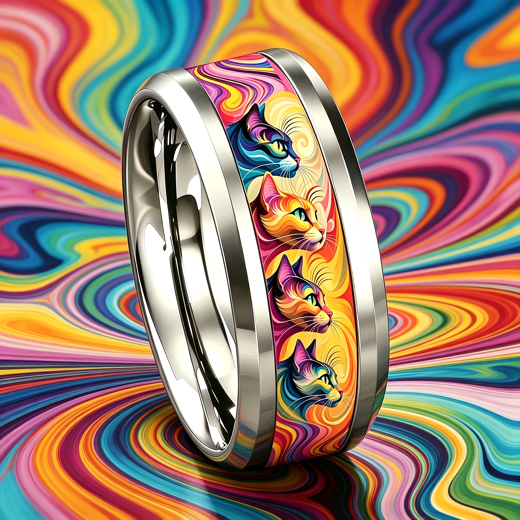 Psychedelic Vortex Rainbow Iridescent Cat 304 Stainless Steel Ring